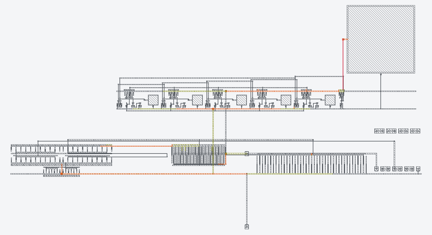 VCO_REG heat map before the fix — a single red 0.14 µm met1 column beside the hatched MIM decap carries the entire 444 µA VCO supply.